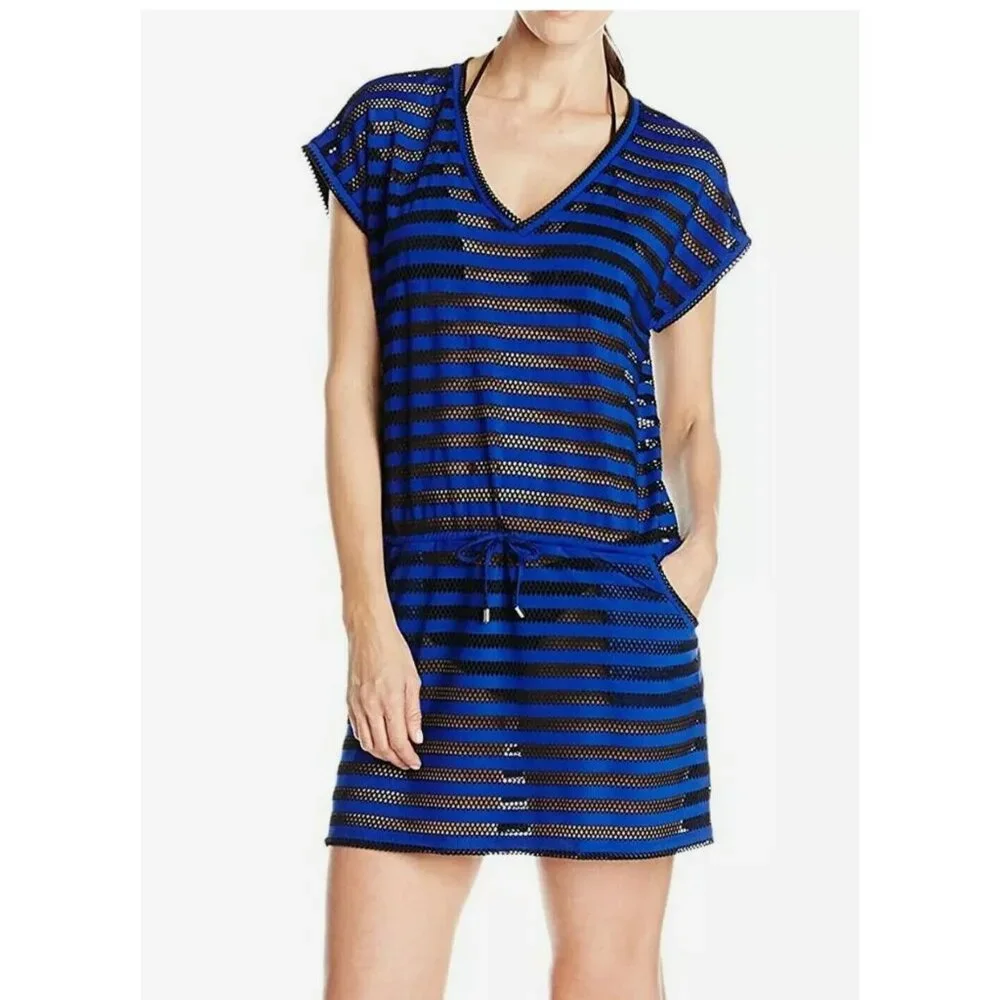 Calvin Klein Tunic Swim Cover Up Womens L Blue Open Knit V-Neck Beach‎ Pool Vaca